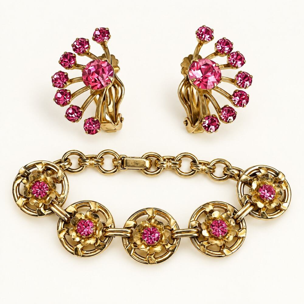 Vintage 1950s Pink Rhinestone Clip Earrings & Floral Bracelet Set